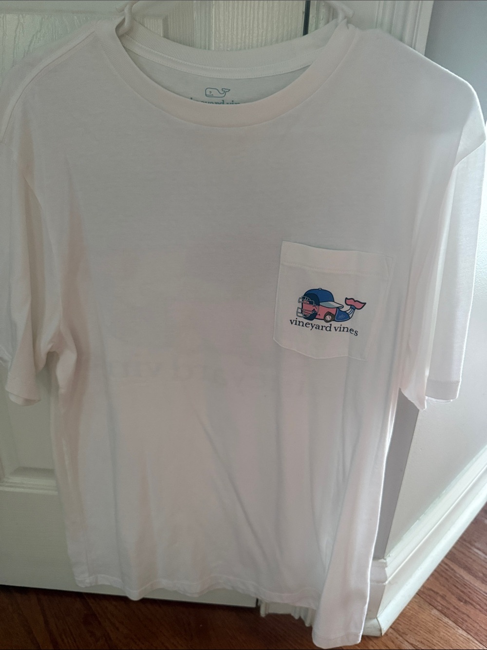 Vineyard Vines White Tee with Blue and Pink Whale Pocket